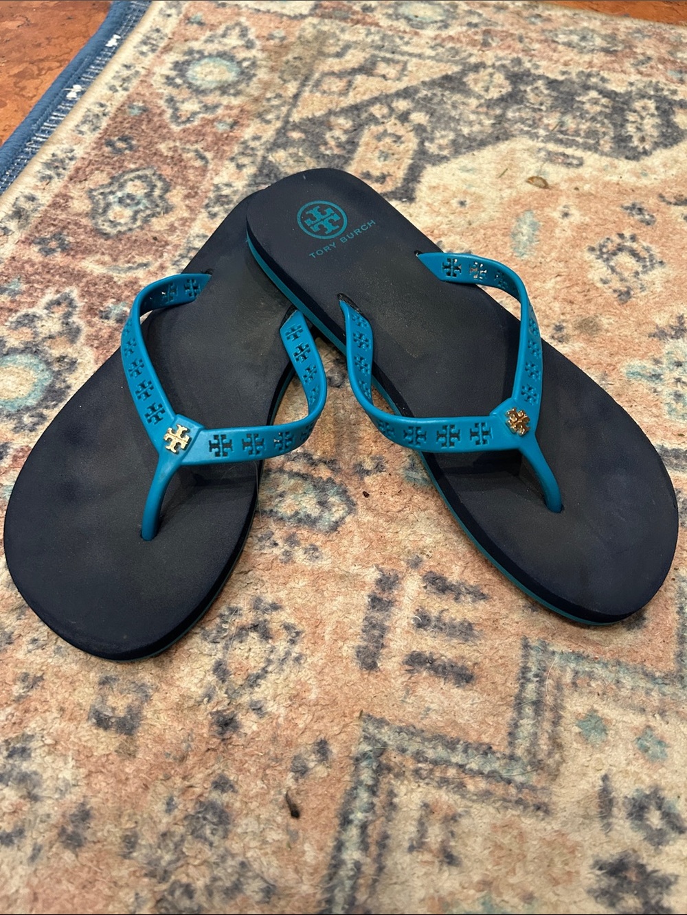 Tory Burch Teal Logo Thong Sandals
